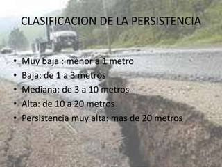 CLASIFICACION DE LA PERSISTENCIA
• Muy baja : menor a 1 metro
• Baja: de 1 a 3 metros
• Mediana: de 3 a 10 metros
• Alta: de 10 a 20 metros
• Persistencia muy alta: mas de 20 metros
 