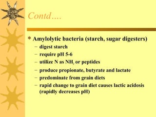 Amylolytic bacteria (starch, sugar digesters)
– digest starch
– require pH 5-6
– utilize N as NH3 or peptides
– produce propionate, butyrate and lactate
– predominate from grain diets
– rapid change to grain diet causes lactic acidosis
(rapidly decreases pH)
Contd….
 