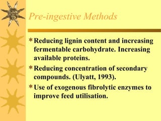 Pre-ingestive Methods
Reducing lignin content and increasing
fermentable carbohydrate. Increasing
available proteins.
Reducing concentration of secondary
compounds. (Ulyatt, 1993).
Use of exogenous fibrolytic enzymes to
improve feed utilisation.
 