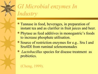 GI Microbial enzymes In
Industry
Tannase in food, beverages, in preparation of
instant tea and as clarifier in fruit juices and beer.
Phytase as feed additives in monogastric’s foods
to increase phosphate utilisation.
Source of restriction enzymes for e.g.. Sru I and
Sru4DI from ruminal selenomonades
 Lactobacillus species for disease treatment as
probiotics.
(Cheng, 1999).
 