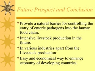 Future Prospect and Conclusion
Provide a natural barrier for controlling the
entry of enteric pathogens into the human
food chain.
Intensive livestock production in the
future.
In various industries apart from the
Livestock production
Easy and economical way to enhance
economy of developing countries.
 