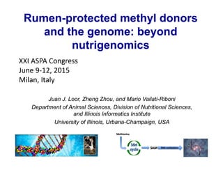 Rumen-protected methyl donors
and the genome: beyond
nutrigenomics
Juan J. Loor, Zheng Zhou, and Mario Vailati-Riboni
Department of Animal Sciences, Division of Nutritional Sciences,
and Illinois Informatics Institute
University of Illinois, Urbana-Champaign, USA
XXI ASPA Congress
June 9‐12, 2015
Milan, Italy
 