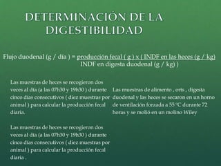 Flujo duodenal (g / día ) = producción fecal ( g ) x ( INDF en las heces (g / kg) 
INDF en digesta duodenal (g / kg) ) 
Las muestras de heces se recogieron dos 
veces al día (a las 07h30 y 19h30 ) durante 
cinco días consecutivos ( diez muestras por 
animal ) para calcular la producción fecal 
diaria. 
Las muestras de heces se recogieron dos 
veces al día (a las 07h30 y 19h30 ) durante 
cinco días consecutivos ( diez muestras por 
animal ) para calcular la producción fecal 
diaria . 
Las muestras de alimento , orts , digesta 
duodenal y las heces se secaron en un horno 
de ventilación forzada a 55 ºC durante 72 
horas y se molió en un molino Wiley 
 