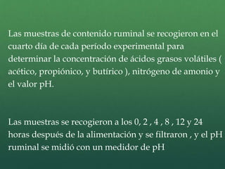 Las muestras de contenido ruminal se recogieron en el 
cuarto día de cada período experimental para 
determinar la concentración de ácidos grasos volátiles ( 
acético, propiónico, y butírico ), nitrógeno de amonio y 
el valor pH. 
Las muestras se recogieron a los 0, 2 , 4 , 8 , 12 y 24 
horas después de la alimentación y se filtraron , y el pH 
ruminal se midió con un medidor de pH 
 