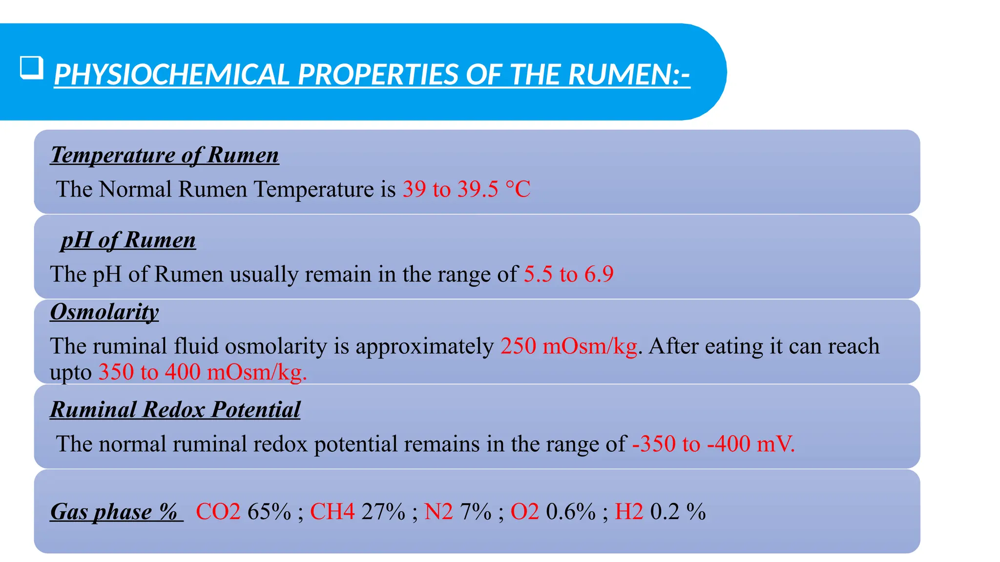 a mortal enemy
 PHYSIOCHEMICAL PROPERTIES OF THE RUMEN:-
Temperature of Rumen
The Normal Rumen Temperature is 39 to 39.5 °C
pH of Rumen
The pH of Rumen usually remain in the range of 5.5 to 6.9
Osmolarity
The ruminal fluid osmolarity is approximately 250 mOsm/kg. After eating it can reach
upto 350 to 400 mOsm/kg.
Ruminal Redox Potential
The normal ruminal redox potential remains in the range of -350 to -400 mV.
Gas phase % CO2 65% ; CH4 27% ; N2 7% ; O2 0.6% ; H2 0.2 %
 