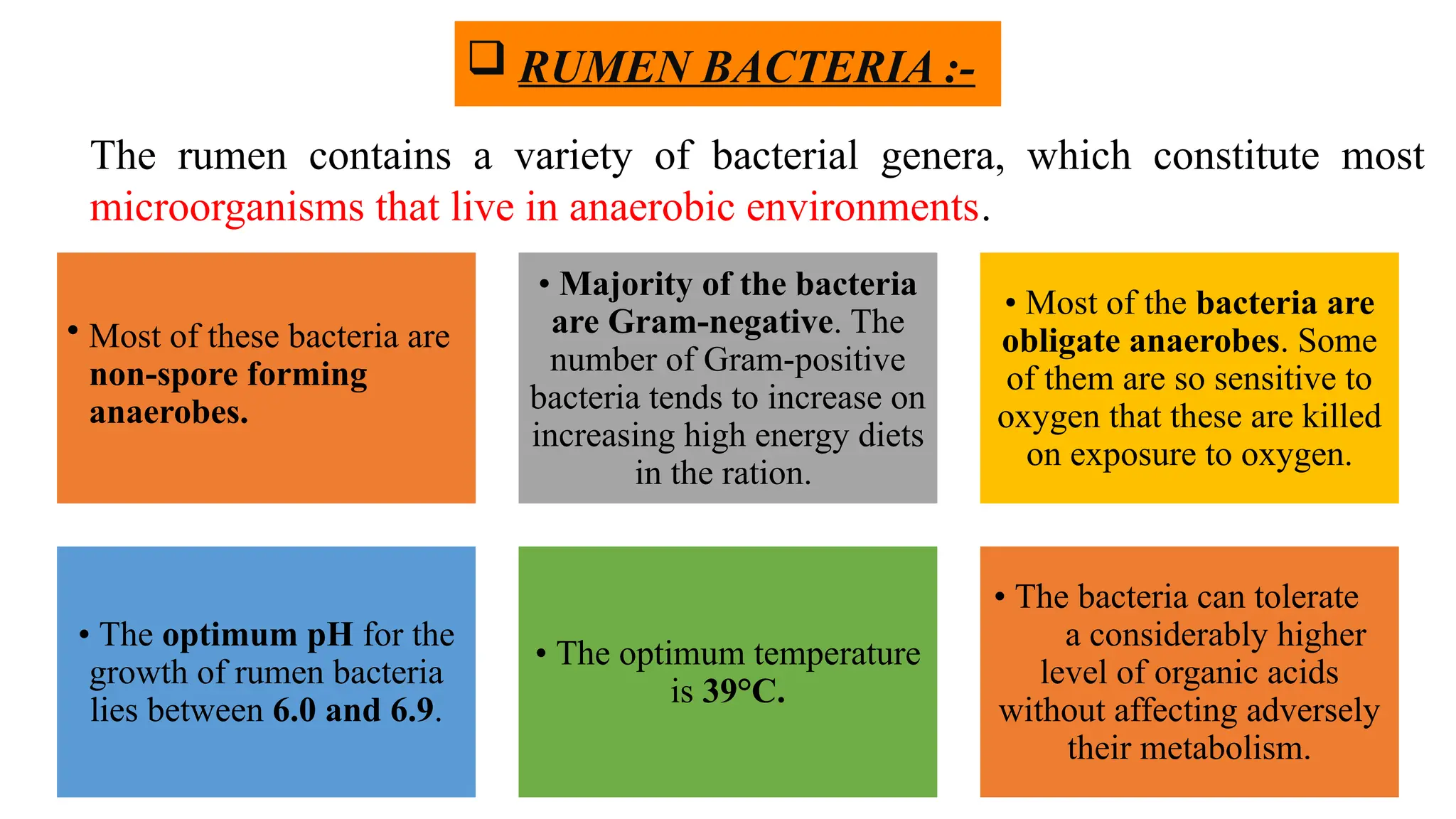 • Most of these bacteria are
non-spore forming
anaerobes.
• Majority of the bacteria
are Gram-negative. The
number of Gram-positive
bacteria tends to increase on
increasing high energy diets
in the ration.
• Most of the bacteria are
obligate anaerobes. Some
of them are so sensitive to
oxygen that these are killed
on exposure to oxygen.
• The optimum pH for the
growth of rumen bacteria
lies between 6.0 and 6.9.
• The optimum temperature
is 39°C.
• The bacteria can tolerate
a considerably higher
level of organic acids
without affecting adversely
their metabolism.
The rumen contains a variety of bacterial genera, which constitute most
microorganisms that live in anaerobic environments.
 RUMEN BACTERIA :-
 