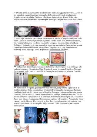 * Dolores presivos o punzantes o dolorimiento en los ojos, peor al moverlos. Ardor en
los párpados, especialmente en los ángulos de los ojos, sobre todo en el externo
derecho; como excoriado. Fotofobia y lagrimeo. Como niebla delante de los ojos.
Pupilas dilatadas; insensibles. Hemeralopia; nictalopía. Herpes o vesículas en la córnea.




* Nariz roja, hinchada, con dolores, y costras en su interior. Cosquilleo doloroso en la
nariz. Coriza de heno con prurito en el paladar y ardor en los ojos. Obstrucción nasal,
peor en una habitación, con dolor excoriante. Secreción mucosa espesa abundante.
Epístaxis. Vesículas en la cara, que arden, como una quemadura. Calor seco en la cara,
con enrojecimiento brillante de las mejillas. Cosquilleo en la cara, especialmente
mentón y nariz. Neuralgia facial. Espasmos o calambres en los labios.




** Sed después de mediodía. Sensación de hambre y borborigmos en el estómago a la
mañana temprano. Hipo espasmódico después de tomar bebidas alcohólicas. Náuseas
frecuentes de tarde, a veces con cefalea. Gastralgias ardientes o excoriantes. Gastritis.




** Puntadas en el hígado, que le cortan la respiración, con puntadas y presión en el
hombro derecho. Dolor excoriante en el hipocondrio izquierdo; pulsaciones. Puntadas
en el lado izquierdo del vientre, peor al inspirar. Puntadas violentas en la región lumbar
izquierda, que atraviesa el vientre hasta debajo del ombligo y la ingle derecha. Cólicos;
dolores ardientes y excoriantes en el abdomen. Vientre sensible a la presión. Frecuentes
flatos muy fétidos. Heces duras. Deposiciones copiosas y frecuentes. Polaquiuria. Orina
escasa y turbia. Disuria. Ulceras en la vejiga. Erecciones frecuentes a la mañana, con
mareos. Poluciones a la madrugada. Flujo irritante. Dolor en el ovario por cambios
atmosféricos.
 