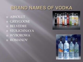  ABSOLUT
 GREYGOOSE
 BELVEDRE
 STOLICHNAYA
 WYBOROWA
 ROMANOV
 