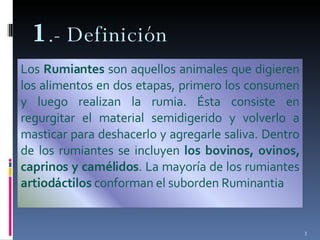 1 .- Definición Los  Rumiantes  son aquellos animales que digieren los alimentos en dos etapas, primero los consumen y luego realizan la rumia. Ésta consiste en regurgitar el material semidigerido y volverlo a masticar para deshacerlo y agregarle saliva. Dentro de los rumiantes se incluyen  los bovinos, ovinos, caprinos y camélidos . La mayoría de los rumiantes  artiodáctilos  conforman el suborden Ruminantia 