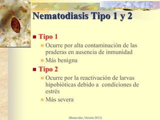 Nematodiasis Tipo 1 y 2

   Tipo 1
     Ocurre por alta contaminación de las
      praderas en ausencia de inmunidad
     Más benigna
   Tipo 2
     Ocurre por la reactivación de larvas
      hipobióticas debido a condiciones de
      estrés
     Más severa


               (Benavides, Versión 2012)
 