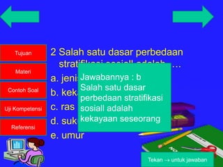 Tujuan
Materi
Contoh Soal
Uji Kompetensi
Referensi
2 Salah satu dasar perbedaan
stratifikasi sosiall adalah ….
a. jenis kelamin
b. kekayaan
c. ras
d. suku bangsa
e. umur
Jawabannya : b
Salah satu dasar
perbedaan stratifikasi
sosiall adalah
kekayaan seseorang
Tekan untuk jawaban
 