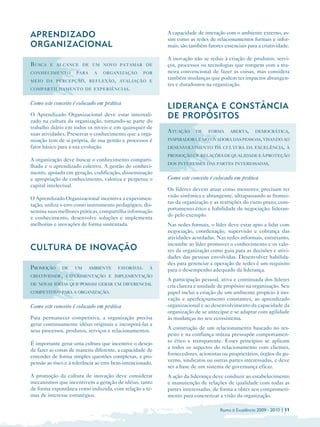 APRENDIZADO                                                A capacidade de interação com o ambiente externo, as­
                                                           sim como as redes de relacionamentos formais e infor­
ORGANIZACIONAL                                             mais, são também fatores essenciais para a criatividade.

                                                           A inovação não se reduz à criação de produtos, servi­
B USCA   E ALCANCE DE UM NOVO PATAMAR DE                   ços, processos ou tecnologias que rompem com a ma­
CONHECIMENTO         PARA     A   ORGANIZAÇÃO       POR    neira convencional de fazer as coisas, mas considera
                                                           também mudanças que podem ter impactos abrangen­
MEIO DA PERCEPÇÃO , REFLEXÃO , AVALIAÇÃO E
                                                           tes e duradouros na organização.
COMPARTILHAMENTO DE EXPERIÊNCIAS .


Como este conceito é colocado em prática
                                                           LIDERANÇA E CONSTÂNCIA
O Aprendizado Organizacional deve estar internali­         DE PROPÓSITOS
zado na cultura da organização, tornando-se parte do
trabalho diário em todos os níveis e em quaisquer de
suas atividades. Preservar o conhecimento que a orga­
                                                           ATUAÇÃO     DE    FORMA     ABERTA,      DEMOCRÁTICA,

nização tem de si própria, de sua gestão e processos é     INSPIRADORA E MOTIVADORA DAS PESSOAS, VISANDO AO
fator básico para a sua evolução.                          DESENVOLVIMENTO DA CULTURA DA EXCELÊNCIA, À
                                                           PROMOÇÃO DE RELAÇÕES DE QUALIDADE E À PROTEÇÃO
A organização deve buscar o conhecimento comparti­
                                                           DOS INTERESSES DAS PARTES INTERESSADAS.
lhado e o aprendizado coletivo. A gestão do conheci­
mento, apoiada em geração, codificação, disseminação
e apropriação de conhecimento, valoriza e perpetua o       Como este conceito é colocado em prática
capital intelectual.
                                                           Os líderes devem atuar como mentores; precisam ter
                                                           visão sistêmica e abrangente, ultrapassando as frontei­
O Aprendizado Organizacional incentiva a experimen­
                                                           ras da organização e as restrições do curto prazo; com­
tação, utiliza o erro como instrumento pedagógico, dis­
                                                           portamento ético e habilidade de negociação; lideran­
semina suas melhores práticas, compartilha informação
                                                           do pelo exemplo.
e conhecimento, desenvolve soluções e implementa
melhorias e inovações de forma sustentada.                 Nas redes formais, o líder deve estar apto a lidar com
                                                           negociação, coordenação, supervisão e cobrança das
                                                           atividades acordadas. Nas redes informais, entretanto,

CULTURA DE INOVAÇÃO
                                                           incumbe ao líder promover o conhecimento e os valo­
                                                           res da organização como guia para as decisões e ativi­
                                                           dades das pessoas envolvidas. Desenvolver habilida­
                                                           des para gerenciar a operação de redes é um requisito
PROMOÇÃO      DE    UM      AMBIENTE    FAVORÁVEL     À
                                                           para o desempenho adequado da liderança.
CRIATIVIDADE, EXPERIMENTAÇÃO E IMPLEMENTAÇÃO
                                                           A participação pessoal, ativa e continuada dos líderes
DE NOVAS IDÉIAS QUE POSSAM GERAR UM DIFERENCIAL
                                                           cria clareza e unidade de propósito na organização. Seu
COMPETITIVO PARA A ORGANIZAÇÃO.                            papel inclui a criação de um ambiente propício à ino­
                                                           vação e aperfeiçoamento constantes, ao aprendizado
Como este conceito é colocado em prática                   organizacional e ao desenvolvimento da capacidade da
                                                           organização de se antecipar e se adaptar com agilidade
Para permanecer competitiva, a organização precisa         às mudanças no seu ecossistema.
gerar continuamente idéias originais e incorporá-las a
                                                           A construção de um relacionamento baseado no res­
seus processos, produtos, serviços e relacionamentos.
                                                           peito e na confiança mútua pressupõe comportamen­
                                                           to ético e transparente. Esses princípios se aplicam
É importante gerar uma cultura que incentive o desejo
                                                           a todos os aspectos do relacionamento com clientes,
de fazer as coisas de maneira diferente, a capacidade de
                                                           fornecedores, acionistas ou proprietários, órgãos do go­
entender de forma simples questões complexas, a pro­
                                                           verno, sindicatos ou outras partes interessadas, e deve
pensão ao risco e à tolerância ao erro bem-intencionado.
                                                           ser a base de um sistema de governança eficaz.
A promoção da cultura de inovação deve considerar          A ação da liderança deve conduzir ao estabelecimento
mecanismos que incentivem a geração de idéias, tanto       e manutenção de relações de qualidade com todas as
de forma espontânea como induzida, com relação a te­       partes interessadas, de forma a obter seu comprometi­
mas de interesse estratégico.                              mento para concretizar a visão da organização.

                                                                                   Rumo à Excelência 2009 - 2010 | 11
 