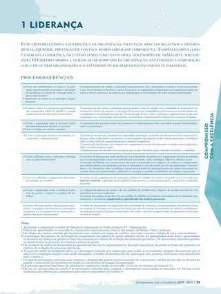 1 LIDERANÇA
ESTE CRITÉRIO EXAMINA A GOVERNANÇA DA ORGANIZAÇÃO, INCLUINDO ASPECTOS RELATIVOS A TRANSPA-
RÊNCIA, EQÜIDADE, PRESTAÇÃO DE CONTAS E RESPONSABILIDADE CORPORATIVA. TAMBÉM EXAMINA COMO
É EXERCIDA A LIDERANÇA, INCLUINDO TEMAS COMO O CONTROLE DOS PADRÕES DE TRABALHO E APRENDI-
ZADO. O CRITÉRIO ABORDA A ANÁLISE DO DESEMPENHO DA ORGANIZAÇÃO, ENFATIZANDO A COMPARAÇÃO
COM O DE OUTRAS ORGANIZAÇÕES E O ATENDIMENTO AOS REQUISITOS DAS PARTES INTERESSADAS.


PROCESSOS GERENCIAIS

 a) Como são estabelecidos os valores e os prin­       O estabelecimento de valores e princípios organizacionais visa a determinar os ideais a serem perseguidos
    cípios organizacionais necessários à promoção      e que devem balizar as decisões e ações das pessoas da organização, assegurando convergência nas ações de
    da excelência e à criação de valor para todas as   todas as áreas e processos, levando-se em consideração as necessidades de todas as partes interessadas.
    partes interessadas?
 • Apresentar os valores e os princípios organi­
   zacionais.

 b) Como os valores e os princípios organizacionais    A comunicação dos valores e princípios organizacionais à força de trabalho tem a finalidade de desenvolver um
    são comunicados à força de trabalho e, quando      sentimento coletivo de pertencer a um grupo de pessoas que compartilham e perseguem os mesmos ideais, po­




                                                                                                                                                                                COM A EXCELÊNCIA
    pertinentes, às diversas partes interessadas?      tencializando a contribuição de cada um. A comunicação desses valores e princípios organizacionais a parceiros
                                                       importantes (ex.: terceirizados, fornecedores, revendedores, representantes) também tem a mesma finalidade.

 c) Como a organização trata as questões éticas        O tratamento das questões éticas visa a promover o relacionamento ético com todas as partes interessadas e




                                                                                                                                                                                COMPROMISSO
    nos relacionamentos internos e externos?           com os concorrentes.
 • Citar os códigos de conduta emitidos.

 d) Como as principais decisões são tomadas, co­       A tomada de decisão tem a finalidade de compartilhar informações, no âmbito dos diversos níveis da estrutura de li­
    municadas e implementadas?                         derança, sobre as dificuldades encontradas e as oportunidades identificadas no dia-a-dia da organização e de deliberar
                                                       sobre a melhor forma de encaminhar as ações, corretivas ou proativas.
                                                       A comunicação das decisões tem o objetivo de comprometer os atores dos processos envolvidos com as ações deci­
                                                       didas, em todos os níveis e áreas.
                                                       A implementação das decisões visa a assegurar que as ações decididas sejam colocadas em prática e concluídas.

 e) Como a Direção exerce a liderança e interage       O exercício da liderança por parte da Direção tem a finalidade de promover o engajamento da força de trabalho
    com as partes interessadas?                        na causa da organização, causa essa traduzida pela sua missão, visão, estratégias, objetivos, planos e metas.
                                                       A interação da Direção com interlocutores das partes interessadas tem o objetivo de conhecer e compreender,
                                                       sem intermediários, seus principais anseios, de identificar o valor percebido por eles na organização e seus pro­
                                                       dutos, e de informá-los sobre as políticas e metas institucionais da organização para com a parte interessada em
                                                       questão, buscando oportunidades, validando as estratégias e gerando credibilidade em relação à organização.

 f) Como é verificado o cumprimento dos princi­        A verificação do cumprimento dos principais padrões de trabalho das práticas de gestão visa a estimular, por
    pais padrões de trabalho?                          meio do controle, a aplicação desses padrões pelos gestores e, conseqüentemente, a promover a qualidade
                                                       da gestão.

 g) Como a organização avalia e melhora as prá­        A avaliação das práticas de gestão e de seus padrões de trabalho tem o objetivo de estudar sua eficácia e de
    ticas de gestão e respectivos padrões de tra­      identificar potenciais melhorias.
    balho?                                             A melhoria das práticas de gestão e de seus padrões de trabalho visa a buscar e a incorporar novos elementos que
                                                       aumentem a sua eficácia, assegurando o aprendizado das práticas gerenciais.

 h) Como a Direção analisa o desempenho opera­         A análise do desempenho da organização tem a finalidade de estimular o comprometimento dos diversos níveis
 cional e estratégico considerando as informações      da estrutura de liderança com o alcance de metas, por meio do controle de resultados; de verificar o atendimento
 comparativas e o atendimento aos principais re­       aos principais requisitos das partes interessadas e de avaliar o nível de competitividade da organização no mercado
 quisitos das partes interessadas?                     ou setor de atuação.


Nota:
1 Apresentar a composição nominal da Direção da organização no Perfil, parágrafo P5 - Organograma.
2 Podem ser apresentados no marcador 1a os princípios organizacionais como as declarações da Missão, Visão e políticas.
3 Os códigos de conduta emitidos são documentos que estabelecem regras de conduta, tais como: estatutos, códigos de ética e assemelhados.
4 Os principais mecanismos de verificação do cumprimento das práticas de gestão adotados devem ser apresentados neste item e mencionados
  na descrição das práticas de gestão ao longo das respostas aos critérios de avaliação dos processos gerenciais. Os mecanismos específicos podem
  ser apresentados na descrição da respectiva prática de gestão.
5 Os exemplos de melhorias decorrentes do aprendizado devem ser apresentados na descrição das práticas de gestão ao longo das respostas aos
  critérios de avaliação dos processos gerenciais.
6 A expressão análise do desempenho refere-se à abordagem utilizada pela organização para avaliar se os resultados atingidos demonstram que os
  objetivos e estratégias traçados estão sendo alcançados. A análise do desempenho da organização está, portanto, fortemente inter-relacionada
  com o critério 2.
7 Os tipos de informações utilizadas para comparar o desempenho podem incluir resultados de concorrentes, médias do mercado ou do setor de
  atuação e referenciais de excelência de dentro ou fora do setor de atuação da organização.
8 Os processos gerenciais para busca das informações comparativas citadas no marcador 1.h devem ser descritos no marcador 5.c.
9 Devem ser apresentadas no critério 8 as informações utilizadas para comparar o desempenho mencionadas no marcador 1.h. Devem existir
  resultados com informações comparáveis para todos os marcadores do Critério 8.


                                                                                                              Compromisso com a Excelência 2009 - 2010 | 25
 