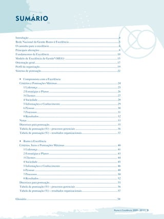 SUMÁRIO

Introdução ...................................................................................................................................4
Rede Nacional da Gestão Rumo à Excelência .........................................................................5
O caminho para a excelência .....................................................................................................6
Principais alterações ...................................................................................................................8
Fundamentos da Excelência ...................................................................................................10
Modelo de Excelência da Gestão® (MEG) ............................................................................15
Orientação geral ........................................................................................................................17
Perfil da organização .................................................................................................................19
Sistema de pontuação ...............................................................................................................22


     • Compromisso com a Excelência

     Critérios e Pontuações Máximas........................................................................................ 24

        1 Liderança .................................................................................................................... 25

        2 Estratégias e Planos ................................................................................................... 26

        3 Clientes ....................................................................................................................... 27

        4 Sociedade.................................................................................................................... 28

        5 Informações e Conhecimento ................................................................................... 29

        6 Pessoas ........................................................................................................................ 30

        7 Processos ..................................................................................................................... 31

        8 Resultados................................................................................................................... 32 

     Notas.................................................................................................................................... 33

     Diretrizes para pontuação................................................................................................... 35

     Tabela de pontuação (%) – processos gerenciais ............................................................. 36

     Tabela de pontuação (%) – resultados organizacionais.................................................... 37



     • Rumo à Excelência

     Critérios, Itens e Pontuações Máximas ............................................................................. 40

        1 Liderança .................................................................................................................... 41

        2 Estratégias e Planos ................................................................................................... 43

        3 Clientes ....................................................................................................................... 44

        4 Sociedade.................................................................................................................... 45

        5 Informações e Conhecimento ................................................................................... 46

        6 Pessoas ........................................................................................................................ 48

        7 Processos ..................................................................................................................... 50

        8 Resultados................................................................................................................... 52 

     Diretrizes para pontuação................................................................................................... 55

     Tabela de pontuação (%) – processos gerenciais ............................................................. 56

     Tabela de pontuação (%) – resultados organizacionais.................................................... 57



Glossário ....................................................................................................................................58



                                                                                                                                       Rumo à Excelência 2009 - 2010 | 3
 