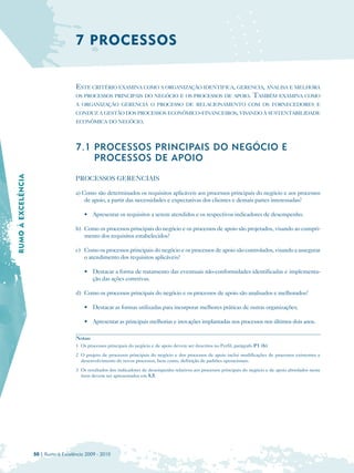 7 PROCESSOS


                                      ESTE CRITÉRIO EXAMINA COMO A ORGANIZAÇÃO IDENTIFICA, GERENCIA, ANALISA E MELHORA
                                      OS PROCESSOS PRINCIPAIS DO NEGÓCIO E OS PROCESSOS DE APOIO.
                                                                                               TAMBÉM EXAMINA COMO
                                      A ORGANIZAÇÃO GERENCIA O PROCESSO DE RELACIONAMENTO COM OS FORNECEDORES E
                                      CONDUZ A GESTÃO DOS PROCESSOS ECONÔMICO-FINANCEIROS, VISANDO À SUSTENTABILIDADE
                                      ECONÔMICA DO NEGÓCIO.




                                      7.1 PROCESSOS PRINCIPAIS DO NEGÓCIO E
                                          PROCESSOS DE APOIO
RUMO À EXCELÊNCIA




                                      PROCESSOS GERENCIAIS

                                      a) Como são determinados os requisitos aplicáveis aos processos principais do negócio e aos processos
                                          de apoio, a partir das necessidades e expectativas dos clientes e demais partes interessadas?

                                          • Apresentar os requisitos a serem atendidos e os respectivos indicadores de desempenho.

                                      b) Como os processos principais do negócio e os processos de apoio são projetados, visando ao cumpri­
                                         mento dos requisitos estabelecidos?

                                      c) Como os processos principais do negócio e os processos de apoio são controlados, visando a assegurar
                                         o atendimento dos requisitos aplicáveis?

                                          • Destacar a forma de tratamento das eventuais não-conformidades identificadas e implementa­
                                            ção das ações corretivas.

                                      d) Como os processos principais do negócio e os processos de apoio são analisados e melhorados?

                                          • Destacar as formas utilizadas para incorporar melhores práticas de outras organizações;

                                          • Apresentar as principais melhorias e inovações implantadas nos processos nos últimos dois anos.

                                      Notas:
                                      1 Os processos principais do negócio e de apoio devem ser descritos no Perfil, parágrafo P1 (b).
                                      2 O projeto de processos principais do negócio e dos processos de apoio inclui modificações de processos existentes e
                                        desenvolvimento de novos processos, bem como, definição de padrões operacionais.
                                      3 Os resultados dos indicadores de desempenho relativos aos processos principais do negócio e de apoio abordados neste
                                        item devem ser apresentados em 8.5.




                    50 | Rumo à Excelência 2009 - 2010
 