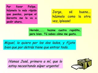 Por favor Felipe, házmelo lo más rápido que puedas, porque el Gerente me lo va a pedir ahora. Jorge, sé bueno... házmelo como la otra vez, ¡please! Hernán,.... hazme cuatro rapidito, pero bien. Tú sabes cómo me gusta. Miguel, la quiero por los dos lados, y fíjate bien que por detrás tiene que entrar todo. ¡Vamos José, primero a mí, que lo estoy necesitando súper urgente! 