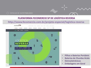 PLATAFORMA FECOMERCIO SP DE LOGÍSTICA REVERSA
http://www.fecomercio.com.br/projeto-especial/logistica-reversa
• Pilhas e Baterias Portáteis
• Baterias de Chumbo Ácido
• Eletroeletrônicos
• Embalagens em Geral
 