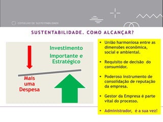 SUSTENTABILIDADE. COMO ALCANÇAR?
Investimento
Importante e
Estratégico
Mais
uma
Despesa
 União harmoniosa entre as
dimensões econômica,
social e ambiental.
 Requisito de decisão do
consumidor.
 Poderoso instrumento de
consolidação de reputação
da empresa.
 Gestor da Empresa é parte
vital do processo.
 Administrador, é a sua vez!
 