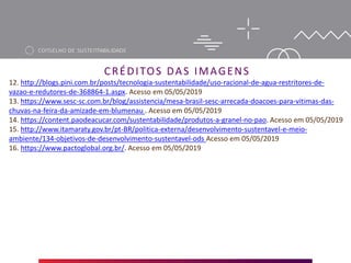 CRÉDITOS DAS IMAGENS
12. http://blogs.pini.com.br/posts/tecnologia-sustentabilidade/uso-racional-de-agua-restritores-de-
vazao-e-redutores-de-368864-1.aspx. Acesso em 05/05/2019
13. https://www.sesc-sc.com.br/blog/assistencia/mesa-brasil-sesc-arrecada-doacoes-para-vitimas-das-
chuvas-na-feira-da-amizade-em-blumenau . Acesso em 05/05/2019
14. https://content.paodeacucar.com/sustentabilidade/produtos-a-granel-no-pao. Acesso em 05/05/2019
15. http://www.itamaraty.gov.br/pt-BR/politica-externa/desenvolvimento-sustentavel-e-meio-
ambiente/134-objetivos-de-desenvolvimento-sustentavel-ods Acesso em 05/05/2019
16. https://www.pactoglobal.org.br/. Acesso em 05/05/2019
 