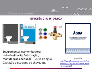 EFICIÊNCIA HÍDRICA
11
http://www.fecomercio.com.br/upl
oad/file/2016/04/09/cartilha_agua
_preservar.pdf
Equipamentos economizadores,
Individualização, Setorização,
Manutenção adequada, Reúso de água,
Captação e uso água de chuva, etc.
 