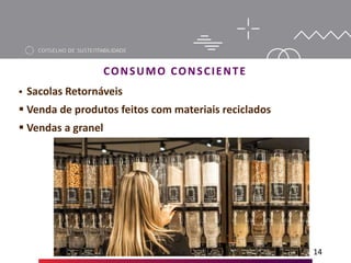 CONSUMO CONSCIENTE
 Sacolas Retornáveis
 Venda de produtos feitos com materiais reciclados
 Vendas a granel
14
 