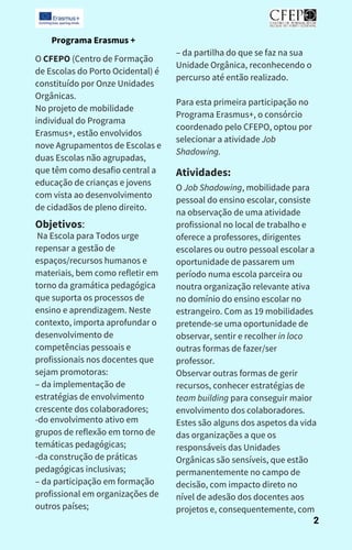 – da partilha do que se faz na sua
Unidade Orgânica, reconhecendo o
percurso até então realizado.
Para esta primeira participação no
Programa Erasmus+, o consórcio
coordenado pelo CFEPO, optou por
selecionar a atividade Job
Shadowing.
O CFEPO (Centro de Formação
de Escolas do Porto Ocidental) é
constituído por Onze Unidades
Orgânicas.
No projeto de mobilidade
individual do Programa
Erasmus+, estão envolvidos
nove Agrupamentos de Escolas e
duas Escolas não agrupadas,
que têm como desafio central a
educação de crianças e jovens
com vista ao desenvolvimento
de cidadãos de pleno direito.
Objetivos:
Na Escola para Todos urge
repensar a gestão de
espaços/recursos humanos e
materiais, bem como refletir em
torno da gramática pedagógica
que suporta os processos de
ensino e aprendizagem. Neste
contexto, importa aprofundar o
desenvolvimento de
competências pessoais e
profissionais nos docentes que
sejam promotoras:
– da implementação de
estratégias de envolvimento
crescente dos colaboradores;
Atividades:
-do envolvimento ativo em
grupos de reflexão em torno de
temáticas pedagógicas;
-da construção de práticas
pedagógicas inclusivas;
– da participação em formação
profissional em organizações de
outros países;
O Job Shadowing, mobilidade para
pessoal do ensino escolar, consiste
na observação de uma atividade
profissional no local de trabalho e
oferece a professores, dirigentes
escolares ou outro pessoal escolar a
oportunidade de passarem um
período numa escola parceira ou
noutra organização relevante ativa
no domínio do ensino escolar no
estrangeiro. Com as 19 mobilidades
pretende-se uma oportunidade de
observar, sentir e recolher in loco
outras formas de fazer/ser
professor.
Observar outras formas de gerir
recursos, conhecer estratégias de
team building para conseguir maior
envolvimento dos colaboradores.
Estes são alguns dos aspetos da vida
das organizações a que os
responsáveis das Unidades
Orgânicas são sensíveis, que estão
permanentemente no campo de
decisão, com impacto direto no
nível de adesão dos docentes aos
projetos e, consequentemente, com
Programa Erasmus +
2
 
