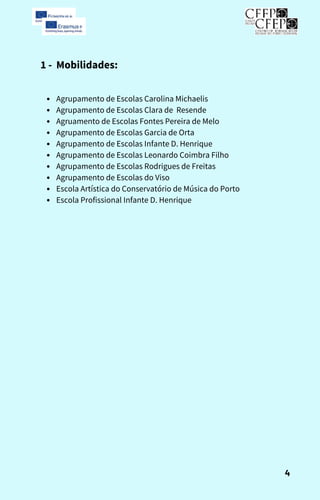 4
1 - Mobilidades:
Agrupamento de Escolas Carolina Michaelis
Agrupamento de Escolas Clara de Resende
Agruamento de Escolas Fontes Pereira de Melo
Agrupamento de Escolas Garcia de Orta
Agrupamento de Escolas Infante D. Henrique
Agrupamento de Escolas Leonardo Coimbra Filho
Agrupamento de Escolas Rodrigues de Freitas
Agrupamento de Escolas do Viso
Escola Artística do Conservatório de Música do Porto
Escola Profissional Infante D. Henrique
 