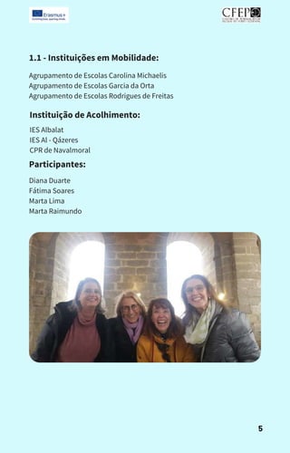 1.1 - Instituições em Mobilidade:
Agrupamento de Escolas Carolina Michaelis
Agrupamento de Escolas Garcia da Orta
Agrupamento de Escolas Rodrigues de Freitas
Instituição de Acolhimento:
IES Albalat
IES Al - Qázeres
CPR de Navalmoral
Participantes:
Diana Duarte
Fátima Soares
Marta Lima
Marta Raimundo
5
 