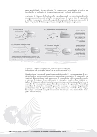 casos, possibilidades de aprendizados. No entanto, esses aprendizados só podem ser
                                introduzidos se analisados de forma mais abrangente e profunda (ciclo maior).

                                A aplicação do Diagrama de Gestão conduz a abordagens cada vez mais refinadas. Quando
                                esses processos refinados são aplicados com a colaboração de todas as áreas da organização
                                e também com as partes interessadas, a gestão da organização alcança a sua maturidade. A
                                figura 10 apresenta de forma esquemática a evolução da integração dos processos.



     (1) A b o r d a g e m                                         (2) Abordagem em início de integração
         não integrada                                                                                                As práticas de gestão
                                                                                                                      são coerentes com as
                                       Estratégias                                                                   estratégias e objetivos
                                       e objetivos                                              Estratégias e      da organização, mas não
                                                                                                   objetivos       há inter-relacionamento
                                                                                                                    entre as mesmas e não
                                                                                                                    há cooperação entre as
                                                                                                                      áreas e com as partes
                                                                                                                               interessadas.

   (3) Abordagem quase integrada
                                                                   (4) Abordagem integrada                              As práticas de gestão
                                                                                                                        são coerentes com as
                                                                                                                      estratégias e objetivos
                                                Estratégias                                                           da organização e estão
                                                e objetivos                                          Estratégias       inter-relacionadas, há
                                                                                                     e objetivos         cooperação entre as
                                                                                                                        áreas e com as partes
                                                                                                                   interessadas, produzindo
   As práticas de gestão são coerentes com as estratégias e ob-                                                             elevada sinergia.
   jetivos da organização e estão inter-relacionadas, mas não há
   cooperação entre as áreas e com as partes interessadas.




                                Figura 10 – Estágios da integração das práticas de gestão (adaptação).
                                Fonte: Baldrige, 2006. (BALDRIGE NATIONAL QUALITY PROGRAM, EUA).


                                O estágio inicial compreende uma abordagem não integrada (1), em que as práticas de ges-
                                tão ainda não se apresentam alinhadas com as estratégias e os objetivos da organização. Na
                                seqüência (2), a organização inicia seu processo de integração das práticas de gestão obtendo
                                a coerência do conjunto dessas práticas com as estratégias e objetivos. Esse estágio é su-
                                cedido (3) pela construção do inter-relacionamento entre as práticas de gestão de forma a
                                que todas elas somem esforços para a obtenção dos objetivos da organização. Por fim (4), a
                                maturidade da integração é conseguida quando há cooperação na execução das práticas de
                                gestão entre as áreas da organização e com as partes interessadas envolvidas. Nesse estágio,
                                há sinergia, e o resultado alcançado pelo conjunto é maior que a soma dos resultados alcan-
                                çados individualmente.




16 | Cadernos Rumo à Excelência • FNQ | Introdução ao Modelo de Excelência da Gestão® (MEG)
 