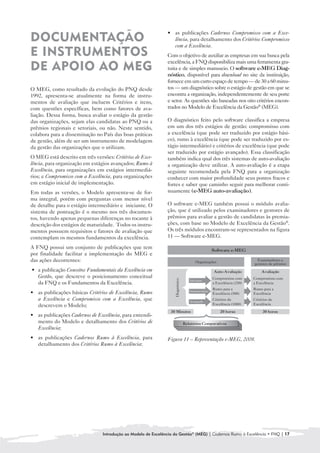 • as publicações Cadernos Compromisso com a Exce-
                                                                 	
DOCUMENTAÇÃO 
                                                   lência, para detalhamento dos Critérios Compromisso
                                                                 com a Excelência.
E INSTRUMENTOS 
                                               Com o objetivo de auxiliar as empresas em sua busca pela
                                                               excelência, a FNQ disponibiliza mais uma ferramenta gra-
DE APOIO AO MEG
                                               tuita e de simples manuseio. O software e-MEG Diag-
                                                               nóstico, disponível para download no site da instituição,
                                                               fornece em um curto espaço de tempo — de 30 a 60 minu-
O MEG, como resultado da evolução do PNQ desde                 tos — um diagnóstico sobre o estágio de gestão em que se
1992, apresenta-se atualmente na forma de instru-              encontra a organização, independentemente de seu porte
mentos de avaliação que incluem Critérios e itens,             e setor. As questões são baseadas nos oito critérios encon-
com questões específicas, bem como fatores de ava-             trados no Modelo de Excelência da Gestão® (MEG).
liação. Dessa forma, busca avaliar o estágio da gestão
das organizações, sejam elas candidatas ao PNQ ou a            O diagnóstico feito pelo software classifica a empresa
prêmios regionais e setoriais, ou não. Neste sentido,          em um dos três estágios de gestão: compromisso com
colabora para a disseminação no País das boas práticas         a excelência (que pode ser traduzido por estágio bási-
de gestão, além de ser um instrumento de modelagem             co), rumo à excelência (que pode ser traduzido por es-
da gestão das organizações que o utilizam.                     tágio intermediário) e critérios de excelência (que pode
                                                               ser traduzido por estágio avançado). Essa classificação
O MEG está descrito em três versões: Critérios de Exce-        também indica qual dos três sistemas de auto-avaliação
lência, para organização em estágios avançados; Rumo à         a organização deve utilizar. A auto-avaliação é a etapa
Excelência, para organizações em estágios intermediá-          seguinte recomendada pela FNQ para a organização
rios; e Compromisso com a Excelência, para organizações        conhecer com maior profundidade seus pontos fracos e
em estágio inicial de implementação.                           fortes e saber que caminho seguir para melhorar conti-
Em todas as versões, o Modelo apresenta-se de for-             nuamente (e-MEG auto-avaliação).
ma integral, porém com perguntas com menor nível
de detalhe para o estágio intermediário e iniciante. O         O software e-MEG também possui o módulo avalia-
sistema de pontuação é o mesmo nos três documen-               ção, que é utilizado pelos examinadores e gestores de
tos, havendo apenas pequenas diferenças no tocante à           prêmios para avaliar a gestão de candidatas às premia-
descrição dos estágios de maturidade. Todos os instru-         ções, com base no Modelo de Excelência da Gestão®.
mentos possuem requisitos e fatores de avaliação que           Os três módulos encontram-se representados na figura
contemplam os mesmos fundamentos da excelência.                11 — Software e-MEG.

A FNQ possui um conjunto de publicações que tem
                                                                                                    Software e-MEG
por finalidade facilitar a implementação do MEG e
das ações decorrentes:                                                                  Organizações                       Examinadores e
                                                                                                                         gestores de prêmios
• 	 a publicação Conceitos Fundamentais da Excelência em                                            Auto-Avaliação            Avaliação
    Gestão, que descreve o posicionamento conceitual                                                Compromisso com      Compromisso com
                                                                   Diagnóstico




                                                                                    Iniciante
    da FNQ e os Fundamentos da Excelência.                                                          a Excelência (250)   a Excelência
                                                                                                    Rumo para a          Rumo para a
                                                                                    Intermediário
• as publicações básicas Critérios de Excelência, Rumo
  	                                                                                                 Excelência (500)     Excelência
  a Excelência e Compromisso com a Excelência, que                                  Avançado
                                                                                                    Critérios de         Critérios de
  descrevem o Modelo;                                                                               Excelência (1000)    Excelência

                                                                 30 Minutos                             20 horas              30 horas
• as publicações Cadernos de Excelência, para entendi-
  	
  mento do Modelo e detalhamento dos Critérios de                                Relatórios Comparativos
  Excelência;
• 	 s publicações Cadernos Rumo à Excelência, para
  a                                                            Figura 11 – Representação e-MEG, 2008.
  detalhamento dos Critérios Rumo à Excelência;




                                Introdução ao Modelo de Excelência da Gestão® (MEG) | Cadernos Rumo à Excelência • FNQ | 17
 