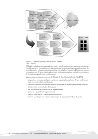 Figura 1 – Alinhando a gestão por meio de modelos sistêmicos.
                          Fonte: FNQ, 2007.

                          O Modelo estabelece uma orientação integrada e interdependente para gerir uma organização.
                          Considera que os vários elementos da organização e as partes interessadas interagem de
                          forma harmônica e balanceada nas estratégias e resultados. Assim, o MEG permite que os
                          vários elementos de uma organização possam ser implementados e avaliados em conjunto,
                          de forma interdependente e complementar.
                          Algumas características importantes do Modelo de Excelência da Gestão® da FNQ:
                          • 	 proporciona um referencial para a gestão de organizações, na forma de um modelo com-
                              pleto e reconhecido mundialmente;
                          • 	 é atualizado anualmente com base em práticas de gestão de organizações de Classe Mundial;
                          • 	 é direcionado aos resultados do negócio;
                          • 	 não indica formas preestabelecidas de implementação;
                          • 	 promove o aprendizado organizacional;
                          • 	 enfatiza a integração e o alinhamento sistêmico; e
                          • 	 permite um diagnóstico objetivo e a medição do grau de maturidade da gestão.




6 | Cadernos Rumo à Excelência • FNQ | Introdução ao Modelo de Excelência da Gestão® (MEG)
 