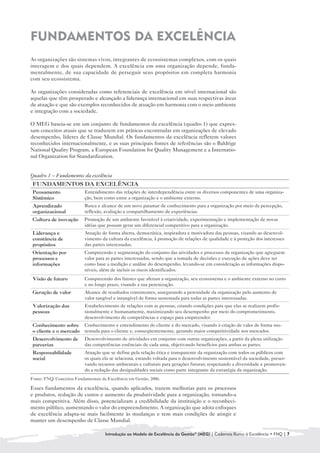 FUNDAMENTOS DA EXCELÊNCIA

As organizações são sistemas vivos, integrantes de ecossistemas complexos, com os quais
interagem e dos quais dependem. A excelência em uma organização depende, funda-
mentalmente, de sua capacidade de perseguir seus propósitos em completa harmonia
com seu ecossistema.

As organizações consideradas como referenciais de excelência em nível internacional são
aquelas que têm prosperado e alcançado a liderança internacional em suas respectivas áreas
de atuação e que são exemplos reconhecidos de atuação em harmonia com o meio ambiente
e integração com a sociedade.

O MEG baseia-se em um conjunto de fundamentos da excelência (quadro 1) que expres-
sam conceitos atuais que se traduzem em práticas encontradas em organizações de elevado
desempenho, líderes de Classe Mundial. Os fundamentos da excelência refletem valores
reconhecidos internacionalmente, e as suas principais fontes de referências são o Baldrige
National Quality Program, a European Foundation for Quality Management e a Internatio-
nal Organization for Standardization.


Quadro 1 – Fundamentos da excelência
 FUNDAMENTOS DA EXCELÊNCIA
 Pensamento                Entendimento das relações de interdependência entre os diversos componentes de uma organiza-

 Sistêmico                 ção, bem como entre a organização e o ambiente externo.

 Aprendizado               Busca e alcance de um novo patamar de conhecimento para a organização por meio da percepção, 

 organizacional            reflexão, avaliação e compartilhamento de experiências.

 Cultura de inovação	      Promoção de um ambiente favorável à criatividade, experimentação e implementação de novas 

                           idéias que possam gerar um diferencial competitivo para a organização.

 Liderança e               Atuação de forma aberta, democrática, inspiradora e motivadora das pessoas, visando ao desenvol
-
 constância de             vimento da cultura da excelência, à promoção de relações de qualidade e à proteção dos interesses 

 propósitos                das partes interessadas.

 Orientação por            Compreensão e segmentação do conjunto das atividades e processos da organização que agreguem
 processos e               valor para as partes interessadas, sendo que a tomada de decisões e execução de ações deve ter
 informações               como base a medição e análise do desempenho, levando-se em consideração as informações dispo-
                           níveis, além de incluir os riscos identificados.
 Visão de futuro	          Compreensão dos fatores que afetam a organização, seu ecossistema e o ambiente externo no curto
                           e no longo prazo, visando a sua perenização.
 Geração de valor	         Alcance de resultados consistentes, assegurando a perenidade da organização pelo aumento de
                           valor tangível e intangível de forma sustentada para todas as partes interessadas.

 Valorização das                                                                                                         -
                           Estabelecimento de relações com as pessoas, criando condições para que elas se realizem profis

 pessoas                   sionalmente e humanamente, maximizando seu desempenho por meio do comprometimento, 

                           desenvolvimento de competências e espaço para empreender.
 Conhecimento sobre Conhecimento e entendimento do cliente e do mercado, visando à criação de valor de forma sus-
 o cliente e o mercado	 tentada para o cliente e, conseqüentemente, gerando maior competitividade nos mercados.
 Desenvolvimento de        Desenvolvimento de atividades em conjunto com outras organizações, a partir da plena utilização 

 parcerias                 das competências essênciais de cada uma, objetivando benefícios para ambas as partes.

 Responsabilidade 	        Atuação que se define pela relação ética e transparente da organização com todos os públicos com
 social	                   os quais ela se relaciona, estando voltada para o desenvolvimento sustentável da sociedade, preser-
                           vando recursos ambientais e culturais para gerações futuras; respeitando a diversidade e promoven-
                           do a redução das desigualdades sociais como parte integrante da estratégia da organização.
Fonte: FNQ: Conceitos Fundamentais da Excelência em Gestão, 2006.

Esses fundamentos da excelência, quando aplicados, trazem melhorias para os processos
e produtos, redução de custos e aumento da produtividade para a organização, tornando-a
mais competitiva. Além disso, potencializam a credibilidade da instituição e o reconheci-
mento público, aumentando o valor do empreendimento. A organização que adota enfoques
de excelência adapta-se mais facilmente às mudanças e tem mais condições de atingir e
manter um desempenho de Classe Mundial.

                                     Introdução ao Modelo de Excelência da Gestão® (MEG) | Cadernos Rumo à Excelência • FNQ | 7
 
