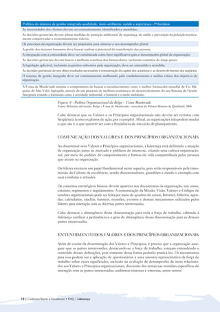 Política do sistema de gestão integrada qualidade, meio ambiente, saúde e segurança - Princípios
 As necessidades dos clientes devem ser constantemente identificadas e atendidas;
 As decisões gerenciais devem adotar medidas de proteção ambiental, de segurança, de saúde e prevenção da poluição tecnica-
 mente comprovadas e economicamente viáveis;
 Os processos da organização devem ser projetados para otimizar o seu desempenho global;
 A gestão dos recursos humanos deve buscar realizar o potencial de contribuição das pessoas;
 A integração com a comunidade deve ser considerada como fator significativo para o desempenho global da organização;
 As decisões gerenciais devem buscar a melhoria contínua dos fornecedores, incluindo contratos de longo prazo;
 A legislação aplicável, incluindo requisitos subscritos pela organização, deve ser entendida e atendida;
 As decisões gerenciais devem obter resultados necessários à remuneração do capital dos acionistas e ao desenvolvimento dos negócios;
 O sistema de gestão integrada deve ser continuamente melhorado pelo estabelecimento e análise crítica dos objetivos da
 organização.

 A Usina de Monlevade assume o compromisso de buscar o reconhecimento como o melhor fornecedor mundial de Fio Má-
 quina de Alto Valor Agregado, através de um processo de melhoria contínua e do desenvolvimento do seu Sistema de Gestão
 Integrada visando a harmonia entre a atividade industrial, o homem e o meio ambiente.

                           Figura 8 - Política Organizacional da Belgo – Usina Monlevade.
                           Fonte: Relatório da Gestão, Belgo – Usina de Monlevade, vencedora do Prêmio Mineiro da Qualidade 2004


                           Cabe destacar que os Valores e os Princípios organizacionais não devem ser revistos com
                           freqüência (como os planos de ação, por exemplo). Afinal, as organizações não podem mudar
                           o que são e o que querem ser com a freqüência de um ciclo de planejamento.


                           COMUNICAÇÃO DOS VALORES E DOS PRINCÍPIOS ORGANIZACIONAIS

                           Ao disseminar seus Valores e Princípios organizacionais, a liderança está definindo a atuação
                           da organização junto ao mercado e públicos de interesse, criando uma cultura organizacio-
                           nal, por meio de padrões de comportamento e formas de vida compartilhada pelas pessoas
                           que atuam na organização.

                           Os líderes exercem um papel fundamental neste aspecto, pois serão responsáveis pela trans-
                           missão da Cultura da excelência, sendo disseminadores, guardiões e dando o exemplo com
                           suas condutas e atitudes.

                           Os conceitos estratégicos básicos devem aparecer nos documentos da organização, tais como,
                           estatuto, regimentos e regulamentos. A comunicação da Missão, Visão, Valores e Códigos de
                           conduta organizacionais pode ser feita por meio de quadros de avisos, Intranet, folhetos, agen-
                           das, calendários, crachás, banners, reuniões, eventos e demais mecanismos utilizados pelos
                           líderes para interação com as diversas partes interessadas.

                           Cabe destacar a abrangência dessa disseminação para toda a força de trabalho, cabendo à
                           liderança verificar a pertinência e o grau de abrangência dessa disseminação para as demais
                           partes interessadas.


                           ENTENDIMENTO DOS VALORES E DOS PRINCÍPIOS ORGANIZACIONAIS

                           Além de cuidar da disseminação dos Valores e Princípios, é preciso que a organização asse-
                           gure que as partes interessadas, destacando-se a força de trabalho, estejam entendendo o
                           conteúdo dessas definições, pois somente dessa forma poderão praticá-los. Os mecanismos
                           para isso podem ser a aplicação de questionários a uma amostra representativa da força de
                           trabalho sobre esses significados, inclusão na avaliação de desempenho de itens relaciona-
                           dos aos Valores e Princípios organizacionais, discussão dos temas nas reuniões específicas de
                           interação com as partes interessadas, auditorias internas e externas, entre outros.




12 | Cadernos Rumo à Excelência • FNQ | Liderança
 