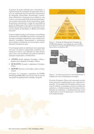 As práticas de gestão utilizadas para a formulação e a
                                                                                   Planejamento estratégico,
implementação das estratégias da organização entre as
                                                                                planejamento financeiro e BSC
áreas da organização devem apresentar características
de adequação, proatividade, disseminação, continui-
dade, refinamento e integração com os objetivos, com                                                Visão
as áreas, com outras práticas de gestão da organização e
                                                                                                Objetivos
com as partes interessadas. Estas características, quan-                                       estratégicos
do presentes, demonstram o estágio de maturidade da                                           Direcionamento
gestão da Organização. Para melhor entendimento do                                              estratégico

Modelo de Excelência da Gestão® recomenda-se a lei-




                                                                                 ção
                                                                                         Visão                Mapas




                                                                                                                              En
                                                                                       Plurianual           Estratégicos
tura do Caderno de Introdução ao Modelo de Excelência




                                                                                                                                vo
                                                                              ica
                                                                                    Programa de




                                                                                                                                  lvi
                                                                            un
da Gestão®.                                                                       Investimentos e
                                                                                                             Indicadores de




                                                                                                                                     m
                                                                                                              Desempenho




                                                                            m
                                                                                     Despesas




                                                                                                                                     en
                                                                         Co




                                                                                                                                       to
                                                                                  Orçamento                 Metas e Planos
Como exemplo de prática, tem destaque a metodologia                                                           de Ação
do Balanced Scorecard (BSC) que inclui a construção de                                                                     Aprendizagem
                                                                            Finanças     Processos          Clientes
um mapa estratégico explicitando a inter-relação entre                                                                     e Crescimento

objetivos estratégicos, demonstrando a consistência
das estratégias e facilitando sua comunicação e desdo-          Figura 1 - Filosofia do Planejamento Estratégico da
bramento em planos de ação.                                     CEMIG Distribuição e sua tradução por meio do BSC
                                                                Fonte: Relatório da Gestão, CEMIG Distribuição, vencedora do
                                                                Prêmio Mineiro da Qualidade 2005
Uma integração pode ser adotada por uma organização
com base em práticas seqüenciadas (seqüência con-
trolada de eventos), com definição de etapas básicas
para o êxito, com metodologia que pode ser aplicada a
quaisquer organizações, considerando o:

• 	 ANTES: Decidir implantar Estratégias e Planos e
    preparar para implantar Estratégias e Planos;
• 	 DURANTE: Formular e implementar Estratégia e
    Planos;
• 	 DEPOIS: Perenizar as Estratégias e planos na Orga-
    nização.
As Figuras 1 e 2 mostram a experiência da CEMIG
                                                                Figura 2 - Com base nesse processo se desenvolvem todos os
Distribuição (PMQ 2005), que dá uma visão do todo de
                                                                trabalhos dos ciclos de Planejamento Estratégico
uma prática de planejamento estratégico integrado.
                                                                O critério Estratégias e Planos está estruturado em dois
                                                                temas gerenciais complementares, mas, sobretudo in-
                                                                tegrados. A Formulação das Estratégias enfatiza o pro-
                                                                cesso de elaborar as estratégias com base na análise dos
                                                                ambientes e a Implementação das Estratégias incluí a
                                                                definição de indicadores, o desdobramento das metas
                                                                e planos para as áreas da organização e o monitoramen-
                                                                to da implementação.




6   | Cadernos Rumo à Excelência • FNQ | Estratégias e Planos
 