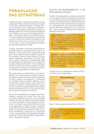 ANÁLISE DO MACROAMBIENTE E DO
FORMUL AÇÃO                                                 MERCADO DE ATUAÇÃO

DAS ESTRATÉGIAS                                             A análise do macroambiente investiga as questões do
                                                            universo social, econômico, político/legal e tecnológi-
                                                            co, e sua influência no setor de atuação analisado, com
A análise do cenário, considerando o ambiente externo       o objetivo de identificar Ameaças e Oportunidades do
à organização (Macro ambiente e Mercado de atuação)         seu mercado de atuação. São questões que as organiza-
e do cenário considerando também o ambiente inter-          ções, individualmente, pouco conseguem influenciar,
no são importantes para a organização encaminhar a          mas que influenciam diretamente o seu setor de atu-
definição e apresentação das principais estratégias. A      ação. Alguns conceitos importantes para análise dos
liderança define como as diversas áreas da organização      ambientes externos são:
são envolvidas no processo de Formulação das Estra-
tégias. A Estratégia, segundo o autor Michael Porter,         Oportunidades - características oferecidas pelo
“é o modo pelo qual uma organização procura alcançar          ambiente externo que a organização pode aprovei-
sua visão e missão (uma série de metas/objetivos; um          tar de modo a contribuir para o alcance da Visão.
método que envolve pessoas, recursos e processos)”.           Em analogia com futebol “Defesa fraca do adver-
As metas são os níveis de desempenho pretendidos              sário”. Exemplos: A venda de uma organização
por determinado período de tempo.                             concorrente por um bom preço; Alianças Estraté-
                                                              gicas; Crescimento do Mercado via melhoria das
As idéias, informações e atividades de formulação das         condições da Sociedade, etc.
estratégias partem do reconhecimento da visão da or-
ganização. A visão projeta onde a organização deseja
estar e deve refletir um sonho desafiador e exeqüível.        Ameaças - situações determinadas pelo am-
Por exemplo, a Visão do Grupo Gerdau é “Ser uma               biente externo que precisam ser rechaçadas de
empresa siderúrgica internacional de Classe Mun-              modo a não prejudicar o alcance da Visão. Em
dial”; a missão é a Razão de Ser da Organização; papel        analogia com futebol “Ataque forte do adver-
desempenhado pela organização no seu negócio. Por             sário”. Exemplos: Novos entrantes no mercado
exemplo, a Missão do Carrefour é “Nosso trabalho no           em condições competitivas; Inovação tecnológica
comércio é oferecer uma resposta adaptada à evolução          pelos concorrentes etc.
das expectativas dos clientes em matéria de escolha e
de qualidade, garantindo-lhes o melhor preço”.
                                                            A Figura 3 ilustra a composição dos Ambientes Exter-
De acordo também com Michael Porter a estratégia é          no e Interno de uma organização:
definida “por um posicionamento único da organiza-
ção; opções e escolhas a partir dos cenários e propostas                      Macroambiente
de valor e iniciativas de atingimento”. A formulação
das estratégias norteia as decisões, definindo o que é
                                                              Econômico       Ambiente Operacional               Social
a organização, onde quer chegar e como conduzirá os                            (setor de atuação)
programas, os projetos, as responsabilidades, os prazos
                                                                                       Concorrentes
etc., pois o poder de competitividade de uma empresa
depende principalmente de sua capacidade de perce-                                        Ambiente
                                                                        Fornecedores                  Clientes
ber a si mesma e ao mercado em que atua.                                                   Interno

O processo de formulação das estratégias respeita uma
seqüência controlada de eventos. Esses têm início                                      Mercado alvo
com análises ambientais e termina com as estratégias         Político/Legal                              Tecnológico
definidas. A análise do ambiente trata da investigação
e avaliação do conjunto dos diversos fatores, tanto ex-
ternos, como internos, que podem influenciar o suces-       Figura 3: Níveis de análise ambiental/ Fonte: FNQ, 2007

so das organizações ao longo do tempo. A análise do
macroambiente, do mercado de atuação e do ambiente
interno se completam, pois retratam a análise do am-          As organizações bem sucedidas são aquelas que
biente considerando o cenário em que a organização            podem reconhecer e responder rentavelmente às
se insere, para possibilitar a identificação dos Aspectos     necessidades não atendidas e às tendências do
Impulsores - Forças e Oportunidades; e Aspectos Res-          macroambiente
tritivos - Fraquezas e Ameaças.                               Kotler, 1998




                                                             Estratégias e Planos | Cadernos Rumo à Excelência • FNQ | 7
 
