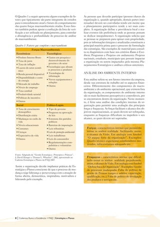 O Quadro 1 a seguir apresenta alguns exemplos de fa-               As pessoas que deverão participar (pessoas chaves da
tores que tipicamente são parte integrante de estudos              organização e, quando apropriado, demais partes inte-
para o entendimento atual e futuro do comportamento                ressadas) devem ser convidadas tendo em mente que
das quatro forças macroambientais citadas. Esses fato-             o planejamento participativo tende a ser mais com-
res também podem apoiar a confecção da lista de veri-              pleto. A organização define e providencia local a rea-
ficação a ser utilizada no planejamento, para controlar            lizar eventos (de preferência onde as pessoas possam
a abrangência e profundidade do processo de análise                se dedicar integralmente). A organização solicita que
do macroambiente.                                                  as pessoas se preparem para opinar com propriedade,
                                                                   pois as informações íntegras e atualizadas constituem a
Quadro 1: Fatores que compõem o macroambiente                      principal matéria prima para o processo de formulação
                  Forças Macroambientais                           das estratégias. São exemplos de material para consul-
                                                                   ta os diagnósticos com base nos critérios Rumo à Exce-
 Econômicas                       Tecnológicas
                                                                   lência; Programas e Projetos em andamento; Projetos
 • Produto Interno Bruto          • Gastos em pesquisa e           nacionais, estaduais, municipais que possam impactar
 • Taxa de juros                    desenvolvimento do
                                                                   a organização ou serem impactados pela mesma; Pla-
 • Taxa de inflação                 governo e do setor
                                                                   nejamentos Estratégicos e análises críticas anteriores.
 • Lucros do setor econô-         •Tecnologias que afetam
   mico                            os processos e produtos
 • Renda pessoal disponível       • Tecnologias de                 ANÁLISE DO AMBIENTE INTERNO
                                    informação
 • Disponibilidade e custo
   de energia                     • Novos equipamentos e           Esta análise refere-se aos fatores internos da empresa,
                                    soluções                       desde sua estrutura de trabalho até os aspectos finan-
 • Mercado de trabalho
                                  • Outros                         ceiros. Diferentemente dos componentes do macro-
 • Níveis de emprego
                                                                   ambiente e do ambiente operacional, que existem fora
 • Taxa cambial
                                                                   da organização, os componentes do ambiente interno
 • Produtividade setorial
                                                                   são os mais facilmente perceptíveis e controláveis, por
 • Políticas de incentivo                                          se encontrarem dentro da organização. Neste momen-
 • Outros                                                          to, é feita uma análise das condições internas da or-
 Social                           Político-Legais                  ganização para permitir uma avaliação das principais
 • Taxa de crescimento            • Tipo de governo                forças e fraquezas. As forças facilitam o alcance dos ob-
   demográfico                    • Progresso na aprovação         jetivos organizacionais, as quais devem ser reforçadas,
 • Distribuição etária              de leis                        enquanto as fraquezas dificultam ou impedem o seu
 • Mudanças no estilo de          • Estrutura dos partidos         alcance, as quais devem ser superadas.
   vida                             políticos
 • Níveis educacionais            • Barreiras de importação
 • Costumes                       • Leis tributárias                  Forças - características internas que permitirão
 • Crenças                        • Leis de proteção ambiental        tornar os sonhos realidade facilitando, assim,
 • Expectativa de vida            • Leis trabalhistas                 o alcance da Visão. Em analogia com futebol
 • Outros                         • Leis do consumidor
                                                                      “O ataque forte da organização”. Exemplos:
                                                                      Quadro técnico experiente; colaboradores mo-
                                  • Regulamentações com-
                                    pulsórias e voluntárias           tivados, infra-estrutura adequada etc.
                                  • Outros

Fonte: Adaptado de “Gestão Estratégica - Princípios e Práticas”,
J. David Hunger e Thomas L. Wheelen”, 2002, apresentado no            Fraquezas - características internas que dificul-
Caderno Estratégias e Planos da FNQ 2007.                             tarão tornar os sonhos realidade prejudicando,
                                                                      assim, o alcance da Visão. Em analogia com futebol
Assim a organização decide implantar práticas de Es-                  “Defesa fraca da Organização”. Exemplos: Gestão
tratégias e Planos consciente de que o processo de mu-                de processos inadequada; Falta de política de
dança exige liderança e perseverança com a atuação de                 gestão de Pessoas (cargos e salários, capacitação,
forma aberta, democrática, inspiradora, motivadora e                  qualificação, etc.); Falta de política de divulgação
liderando pelo exemplo.                                               dos produtos e serviços etc.




8   | Cadernos Rumo à Excelência • FNQ | Estratégias e Planos
 