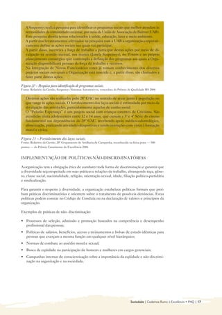 A Suspensys realiza pesquisa para identificar os programas sociais que melhor atendam às
   necessidades da comunidade caxiense, por meio da União de Associação de Bairros (UAB).
   Esta pesquisa aborda temas relacionados à saúde, educação, lazer e meio ambiente.
   A partir dos levantamentos efetuados na pesquisa com a UAB a organização corporati-
   vamente define as ações sociais nas quais vai participar.
   A partir disso, incentiva a força de trabalho a participar destas ações por meio de di-
   vulgação na reunião mensal, nos murais (Janela Suspensys), no Totem e no próprio
   planejamento estratégico que contempla a definição dos programas aos quais a Orga-
   nização disponibilizará pessoas da força de trabalho e recursos.
   Na Integração de Novos Funcionários estes já tomam conhecimento dos diversos
   projetos sociais nos quais a Organização está inserida e, a partir disso, são chamados a
   fazer parte destas ações.

Figura 20 – Pesquisa para identificação de programas sociais.
Fonte: Relatório da Gestão, Suspensys Sistemas Automotivos, vencedora do Prêmio de Qualidade RS 2006


   Diversas ações são realizadas pelo 28º GAC no sentido de atuar junto à população no
   que tange às ações sociais. O fortalecimento dos laços sociais é estimulado por meio da
   divulgação das atividades, particularmente aquelas de cunho social.
   O “Pelotão Esperança” é um projeto social com crianças carentes de Criciúma. São
   atendidas trinta adolescentes entre 12 e 14 anos, que cursam a 3ª e 4ª Série do ensino
   fundamental nas dependências do 28º GAC, recebendo apoio médico-odontológico,
   alimentação, praticando atividades desportivas e tendo instruções com vistas à formação
   moral e cívica.

Figura 21 – Fortalecimento dos laços sociais.
Fonte: Relatório da Gestão, 28º Grupamento de Artilharia de Campanha, reconhecida na faixa prata — 500
pontos — do Prêmio Catarinense de Excelência 2006


IMPLEMENTAÇÃO DE POLÍTICAS NÃO-DISCRIMINATÓRIAS

A organização tem a obrigação ética de combater toda forma de discriminação e garantir que
a diversidade seja respeitada em suas práticas e relações de trabalho, abrangendo raça, gêne-
ro, classe social, nacionalidade, religião, orientação sexual, idade, filiação político-partidária
e sindicalização.

Para garantir o respeito à diversidade, a organização estabelece políticas formais que proí-
bam práticas discriminatórias e orientem sobre o tratamento de possíveis denúncias. Estas
políticas podem constar no Código de Conduta ou na declaração de valores e princípios da
organização.

Exemplos de práticas de não- discriminação:

• 	 Processos de seleção, admissão e promoção baseados na competência e desempenho
    profissional das pessoas;
• 	 Políticas de salários, benefícios, acesso a treinamentos e bolsas de estudo idênticas para
    pessoas que exerçam a mesma função em qualquer nível hierárquico;
• 	 Normas de combate ao assédio moral e sexual;
• 	 Busca da eqüidade na participação de homens e mulheres em cargos gerenciais;
• 	 Campanhas internas de conscientização sobre a importância da eqüidade e não-discrimi-
    nação na organização e na sociedade.




                                                                                   Sociedade | Cadernos Rumo à Excelência • FNQ | 17
 