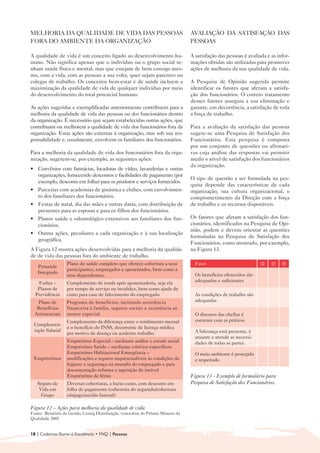 MELHORIA DA QUALIDADE DE VIDA DAS PESSOAS                                        AVALIAÇÃO DA SATISFAÇÃO DAS
FORA DO AMBIENTE DA ORGANIZAÇÃO                                                  PESSOAS

A qualidade de vida é um conceito ligado ao desenvolvimento hu-                  A satisfação das pessoas é avaliada e as infor-
mano. Não significa apenas que o indivíduo ou o grupo social te-                 mações obtidas são utilizadas para promover
nham saúde física e mental, mas que estejam de bem consigo mes-                  ações de melhoria da sua qualidade de vida.
mo, com a vida, com as pessoas a sua volta, quer sejam parentes ou
colegas de trabalho. Os conceitos bem-estar e de saúde incluem a                 A Pesquisa de Opinião sugerida permite
maximização da qualidade de vida de qualquer indivíduo por meio                  identificar os fatores que afetam a satisfa-
do desenvolvimento do total potencial humano.                                    ção dos funcionários. O correto tratamento
                                                                                 desses fatores assegura a sua eliminação e
As ações sugeridas e exemplificadas anteriormente contribuem para a              garante, em decorrência, a satisfação de toda
melhoria da qualidade de vida das pessoas ou dos funcionários dentro             a força de trabalho.
da organização. É necessário que sejam estabelecidas outras ações, que
contribuam ou melhorem a qualidade de vida dos funcionários fora da              Para a avaliação da satisfação das pessoas
organização. Estas ações são externas à organização, mas sob sua res-            sugere-se uma Pesquisa de Satisfação dos
ponsabilidade e, usualmente, envolvem os familiares dos funcionários.            Funcionários. Esta pesquisa é composta
                                                                                 por um conjunto de questões ou afirmati-
Para a melhoria da qualidade de vida dos funcionários fora da orga-              vas cuja análise das respostas vai permitir
nização, sugerem-se, por exemplo, as seguintes ações:                            medir o nível de satisfação dos funcionários
                                                                                 da organização.
• 	 Convênios com farmácias, locadoras de vídeo, lavanderias e outras
    organizações, fornecendo descontos e facilidades de pagamento (por
                                                                                 O tipo de questão a ser formulada na pes-
    exemplo, desconto em folha) para os produtos e serviços fornecidos.
                                                                                 quisa depende das características de cada
• 	 Parcerias com academias de ginástica e clubes, com envolvimen-               organização, sua cultura organizacional, o
    to dos familiares dos funcionários.                                          comprometimento da Direção com a força
• 	 Festas de natal, dia das mães e outras datas, com distribuição de            de trabalho e os recursos disponíveis.
    presentes para as esposas e para os filhos dos funcionários.
• 	 Planos saúde e odontológico extensivos aos familiares dos fun-               Os fatores que afetam a satisfação dos fun-
    cionários.                                                                   cionários, identificados na Pesquisa de Opi-
                                                                                 nião, podem e devem orientar as questões
• 	 Outras ações, peculiares a cada organização e à sua localização
                                                                                 formuladas na Pesquisa de Satisfação dos
    geográfica.
                                                                                 Funcionários, como mostrado, por exemplo,
A Figura 12 mostra ações desenvolvidas para a melhoria da qualida-               na Figura 13.
de de vida das pessoas fora do ambiente de trabalho.
                   Plano de saúde completo que oferece cobertura a seus            Fator
   Prosaúde
                   participantes, empregados e aposentados, bem como a
   Integrado
                   seus dependentes.                                               Os benefícios oferecidos são
   Forluz –        Complemento de renda após aposentadoria, seja ela               adequados e suficientes
   Planos de       por tempo de serviço ou invalidez, bem como ajuda de
  Previdência      custo para caso de falecimento do empregado.                    As condições de trabalho são
    Plano de       Programa de benefícios, incluindo assistência                   adequadas
   Benefícios      financeira à família, seguros sociais e assistência ao
  Assistenciais    menor especial.                                                 O discurso das chefias é
                   Complemento da diferença entre o rendimento mensal              coerente com as práticas
 Complemen-
                   e o benefício do INSS, decorrente de licença médica
 tação Salarial                                                                    A liderança está presente, é
                   por motivo de doença ou acidente trabalho
                                                                                   atuante e atende as necessi-
                   Empréstimo Especial – mediante análise e estudo social          dades de todas as partes.
                   Empréstimo Saúde – mediante critérios específicos
                   Empréstimo Habitacional Emergência –                            O meio ambiente é protegido
 Empréstimos       modificações e reparos imprescindíveis às condições de          e respeitado
                   higiene e segurança na moradia do empregado e para
                   documentação reforma e aquisição de imóvel
                   Empréstimo de férias                                          Figura 13 - Exemplo de formulário para 

   Seguro de       Diversas coberturas, a baixo custo, com desconto em           Pesquisa de Satisfação dos Funcionários.

    Vida em        folha de pagamento (cobertura do segurado/cobertura
     Grupo         cônjuge/auxilio funeral)

Figura 12 – Ações para melhoria da qualidade de vida.
Fonte: Relatório da Gestão, Cemig Distribuição, vencedora do Prêmio Mineiro da
Qualidade 2005


18 | Cadernos Rumo à Excelência • FNQ | Pessoas
 