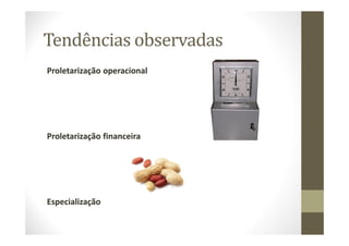 Tendências observadas
Proletarização operacional
Proletarização financeira
Especialização
 