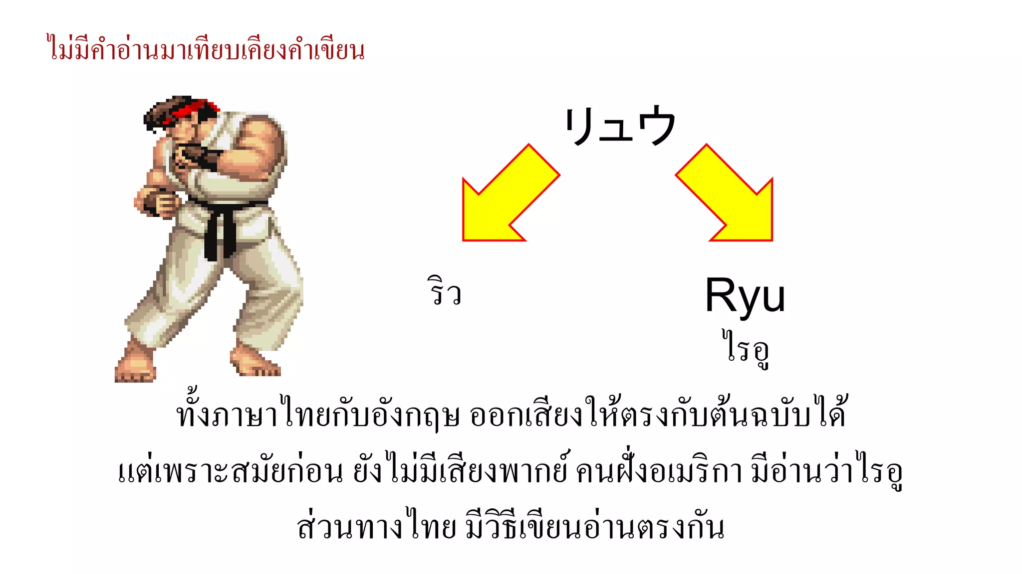 ไม่มีคาอ่านมาเทียบเคียงคาเขียน
リュウ
ริว Ryu
ไรอู
ทั้งภาษาไทยกับอังกฤษ ออกเสียงให้ตรงกับต้นฉบับได้
แต่เพราะสมัยก่อน ยังไม่มีเสียงพากย์คนฝั่งอเมริกา มีอ่านว่าไรอู
ส่วนทางไทย มีวิธีเขียนอ่านตรงกัน
 