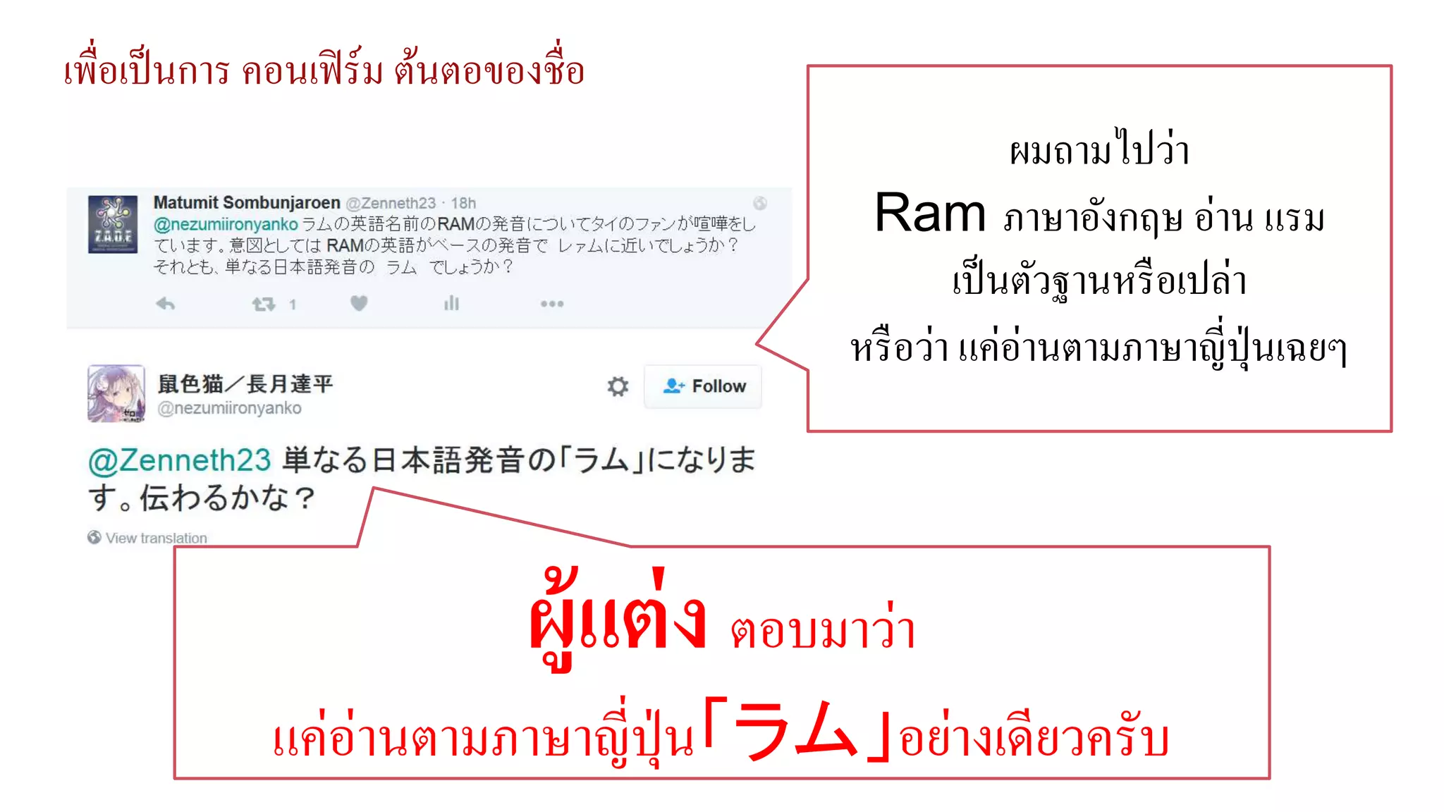เพื่อเป็นการ คอนเฟิร์ม ต้นตอของชื่อ
ผมถามไปว่า
Ram ภาษาอังกฤษ อ่าน แรม
เป็นตัวฐานหรือเปล่า
หรือว่า แค่อ่านตามภาษาญี่ปุ่นเฉยๆ
ผู้แต่ง ตอบมาว่า
แค่อ่านตามภาษาญี่ปุ่น「ラム」อย่างเดียวครับ
 