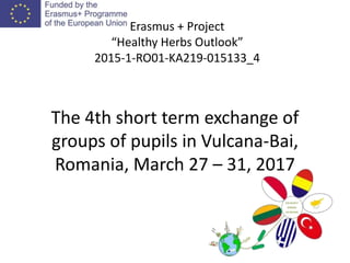 The 4th short term exchange of
groups of pupils in Vulcana-Bai,
Romania, March 27 – 31, 2017
Erasmus + Project
“Healthy Herbs Outlook”
2015-1-RO01-KA219-015133_4
 