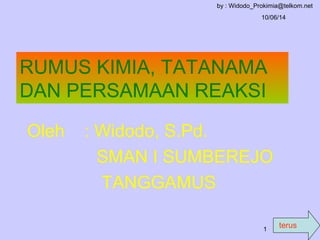 terus
10/06/14
by : Widodo_Prokimia@telkom.net
1
RUMUS KIMIA, TATANAMA
DAN PERSAMAAN REAKSI
Oleh : Widodo, S.Pd.
SMAN I SUMBEREJO
TANGGAMUS
 