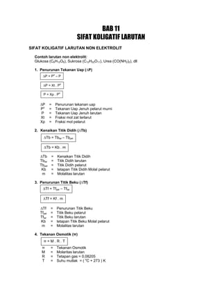 BAB 11
SIFAT KOLIGATIF LARUTAN
SIFAT KOLIGATIF LARUTAN NON ELEKTROLIT
Contoh larutan non elektrolit:
Glukosa (C6H12O6), Sukrosa (C12H22O11), Urea (CO(NH2)2), dll
1. Penurunan Tekanan Uap (∆P)
∆P = Penurunan tekanan uap
Po
= Tekanan Uap Jenuh pelarut murni
P = Tekanan Uap Jenuh larutan
Xt = Fraksi mol zat terlarut
Xp = Fraksi mol pelarut
2. Kenaikan Titik Didih (∆Tb)
∆Tb = Kenaikan Titik Didih
Tblar = Titik Didih larutan
Tbpel = Titik Didih pelarut
Kb = tetapan Titik Didih Molal pelarut
m = Molalitas larutan
3. Penurunan Titik Beku (∆Tf)
∆Tf = Penurunan Titik Beku
Tfpel = Titik Beku pelarut
Tflar = Titik Beku larutan
Kb = tetapan Titik Beku Molal pelarut
m = Molalitas larutan
4. Tekanan Osmotik (π)
π = Tekanan Osmotik
M = Molaritas larutan
R = Tetapan gas = 0,08205
T = Suhu mutlak = ( o
C + 273 ) K
∆P = Po
– P
∆P = Xt . P
o
P = Xp . Po
∆Tb = Tblar – Tbpel
∆Tb = Kb . m
∆Tf = Tfpel – Tflar
∆Tf = Kf . m
π = M . R . T
 