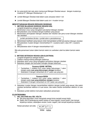 ► Ion yang terdiri dari satu atom mempunyai Bilangan Oksidasi sesuai dengan muatannya,
misalnya S2–
,Bilangan Oksidasinya = –2.
► Jumlah Bilangan Oksidasi total dalam suatu senyawa netral = nol
► Jumlah Bilangan Oksidasi total dalam suatu ion = muatan ionnya
MENYETARAKAN REAKSI REDUKSI OKSIDASI
1. METODE BILANGAN OKSIDASI (REAKSI ION)
Langkah-langkahnya sebagai berikut:
1. Menentukan unsur yang mengalami perubahan bilangan oksidasi
2. Menyetarakan unsur tersebut dengan koefisien yang sesuai
3. Menentukan peningkatan bilangan oksidasi dari reduktor dan penu-runan bilangan oksidasi
dari oksidator
4. Menentukan koefisien yang sesuai untuk menyamakan jumlah perubahan bilangan oksidasi
5. Menyetarakan muatan dengan menambahkan H+
( suasana asam ) atau OH–
( suasana
basa )
6. Menyetarakan atom H dengan menambahkan H2O
Bila ada persamaan bukan dalam bentuk reaksi ion usahakan ubah ke dalam bentuk reaksi
ion.
2. METODE SETENGAH REAKSI (ION ELEKTRON)
Langkah-langkahnya sebagai berikut :
1. Tuliskan masing-masing setengah reaksinya.
2. Setarakan atom unsur yang mengalami perubahan bilangan oksidasi
3. Setarakan oksigen dan kemudian hidrogen dengan ketentuan
4. Setarakan muatan dengan menambahkan elektron dengan jumlah yang sesuai, bila reaksi
oksidasi tambahkan elektron di ruas kanan, bila reaksi reduksi tambahkan elektron di ruas
kiri
5. Setarakan jumlah elektron kemudian selesaikan persamaan.
ELEKTROKIMIA
1. SEL GALVANI atau SEL VOLTA
► Sel yang digunakan untuk mengubah energi kimia menjadi energi listrik.
► Dalam sel ini berlangsung reaksi redoks di mana katoda ( kutub positif ) dan tempat
terjadinya reduksi, sedangkan anoda ( kutub negatif ) dan tempat terjadinya oksidasi.
Notasi penulisan sel volta:
jumlah perubahan bil-oks = jumlah atom x perubahannya
Suasana ASAM / NETRAL
Tambahkan 1 molekul H2O untuk setiap kekurangan 1 atom
oksigen pada ruas yang kekurangan oksigen tersebut
Setarakan H dengan menambah ion H+
pada ruas yang lain
Suasana BASA
Tambahkan 1 molekul H2O untuk setiap kelebihan 1 atom
oksigen pada ruas yang kelebihan oksigen tersebut
Setarakan H dengan menambah ion OH–
pada ruas yang lain
M MA+
LB+
L
Anoda Katoda
 