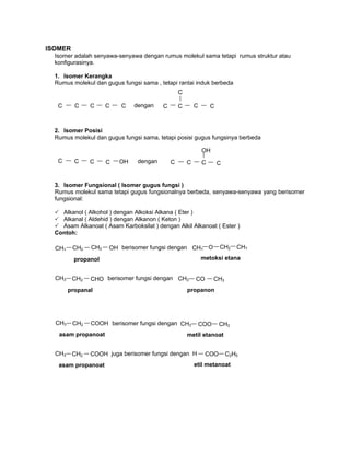 ISOMER
Isomer adalah senyawa-senyawa dengan rumus molekul sama tetapi rumus struktur atau
konfigurasinya.
1. Isomer Kerangka
Rumus molekul dan gugus fungsi sama , tetapi rantai induk berbeda
2. Isomer Posisi
Rumus molekul dan gugus fungsi sama, tetapi posisi gugus fungsinya berbeda
3. Isomer Fungsional ( Isomer gugus fungsi )
Rumus molekul sama tetapi gugus fungsionalnya berbeda, senyawa-senyawa yang berisomer
fungsional:
Alkanol ( Alkohol ) dengan Alkoksi Alkana ( Eter )
Alkanal ( Aldehid ) dengan Alkanon ( Keton )
Asam Alkanoat ( Asam Karboksilat ) dengan Alkil Alkanoat ( Ester )
Contoh:
CC C C OH CC C C
OH
dengan
C C C C C C C
C
C Cdengan
berisomer fungsi denganCH3 CH2 OHCH2
propanol
CH3 CH3O CH2
metoksi etana
berisomer fungsi denganCH3 CH2 CHO
propanal
CH3 CH3CO
propanon
berisomer fungsi denganCH3 CH2 COOH
asam propanoat
CH3 CH3COO
metil etanoat
H C2H5COO
etil metanoat
juga berisomer fungsi denganCH3 CH2 COOH
asam propanoat
 