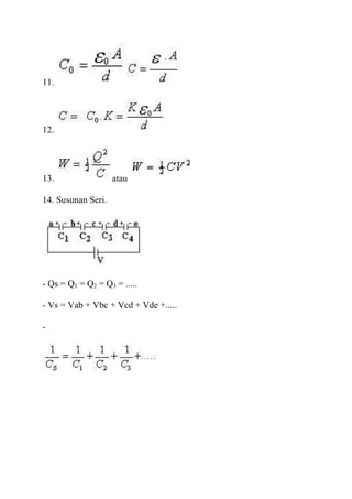 11.




12.




13.                 atau

14. Susunan Seri.




- Qs = Q1 = Q2 = Q3 = .....

- Vs = Vab + Vbc + Vcd + Vde +.....

-
 
