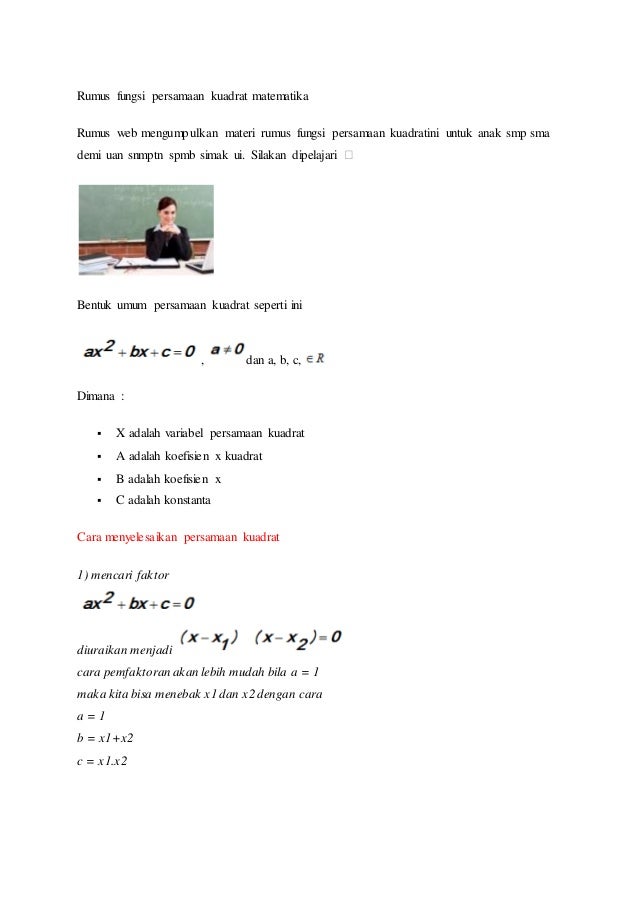 Rumus Fungsi Persamaan Kuadrat Matematika