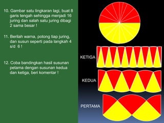 10. Gambar satu lingkaran lagi, buat 8
garis tengah sehingga menjadi 16
juring dan salah satu juring dibagi
2 sama besar !
12. Coba bandingkan hasil susunan
petama dengan susunan kedua
dan ketiga, beri komentar !
PERTAMA
KETIGA
KEDUA
11. Berilah warna, potong tiap juring,
dan susun seperti pada langkah 4
s/d 6 !
 