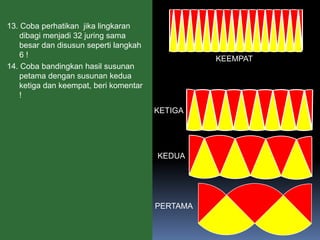 13. Coba perhatikan jika lingkaran
dibagi menjadi 32 juring sama
besar dan disusun seperti langkah
6 !
14. Coba bandingkan hasil susunan
petama dengan susunan kedua
ketiga dan keempat, beri komentar
!
PERTAMA
KETIGA
KEDUA
KEEMPAT
 